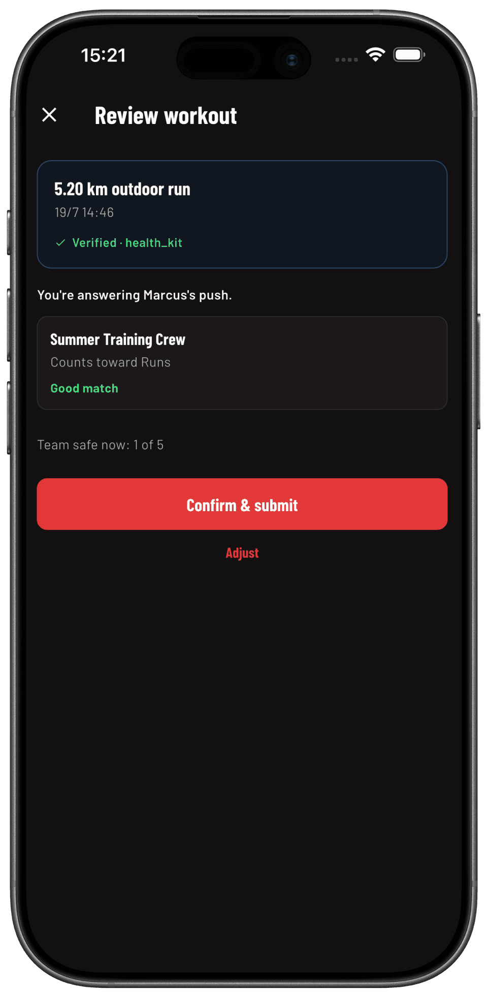 Rally workout review check-in screen